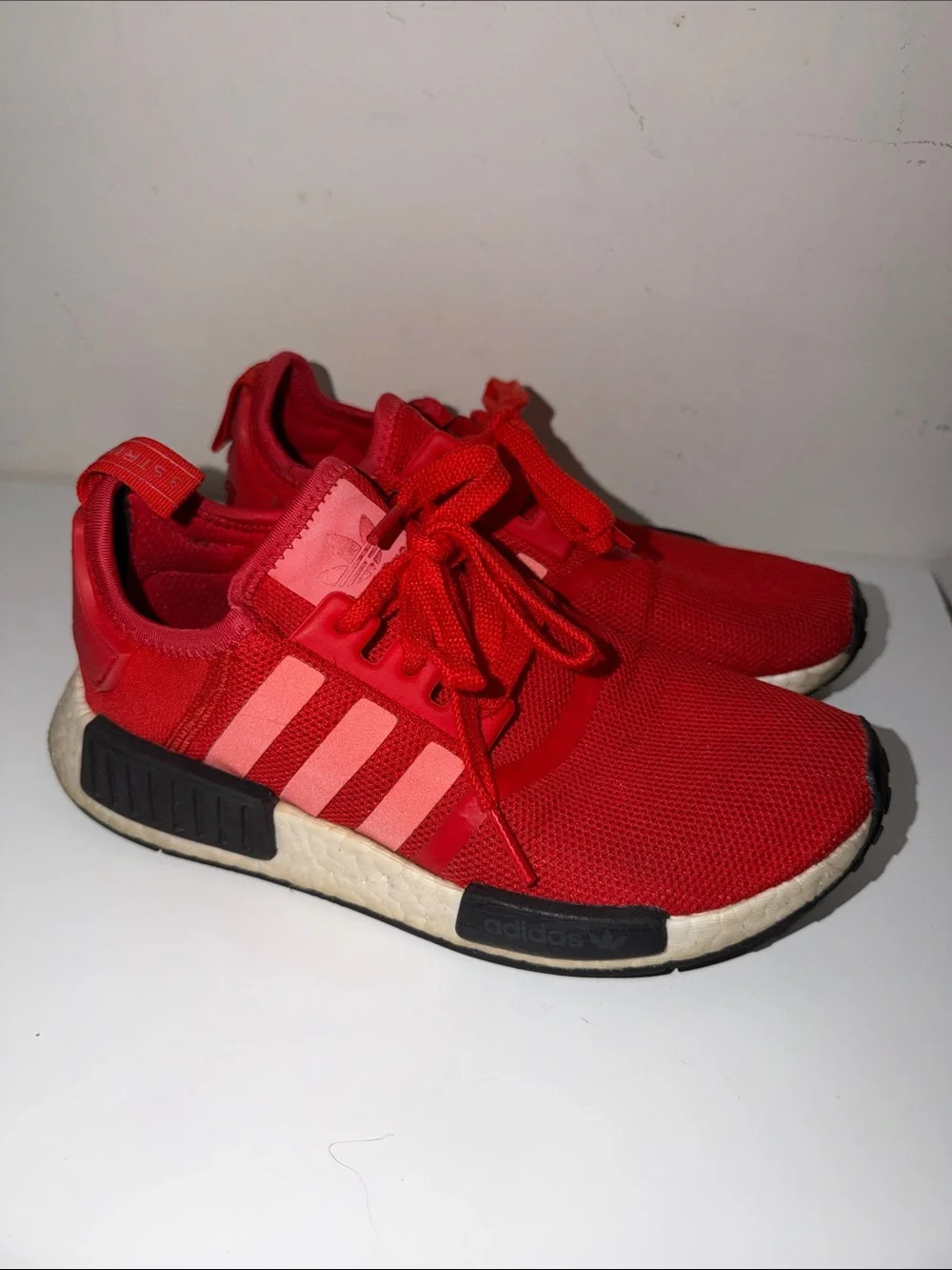 adidas men’s Red Sneakers with Pink Stripe Accents